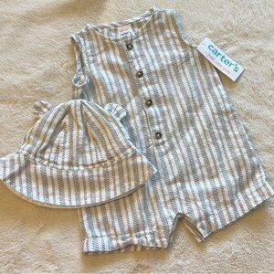Carter's Gray Striped Baby Hat and Romper Set